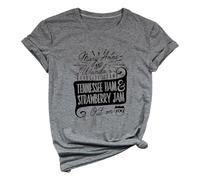 Maglietta da donna con scollo rotondo, alla moda, a maniche corte, con stampa di lettere, grigio., L