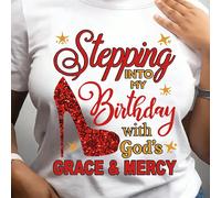 Maglietta da donna con scollo rotondo con stampa glitterata a tema religioso e di fede per il compleanno "Entra nel mio compleanno con la grazia e la misericordia di Dio" L,M,S,XL,XSBlocchi di colore,