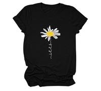 Maglietta da donna con scollo rotondo e stampa margherita, vestibilità larga, casual, elegante, primavera/estate, a maniche lunghe, da donna, taglie forti, Nero , 3XL