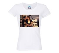 Maglietta da donna con scollo rotondo in cotone biologico, motivo: Titanic Leonardo Di Caprio Kate Winslet Kiss Scene, bianco, S