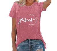 Maglietta da donna con scritta Gesù, maglietta da dichiarazione cristiana con scollo rotondo, maglietta a maniche corte con motivo religioso, per tutti i giorni e la comunità, Stil_q01 rosa, M