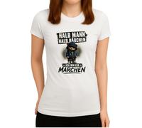 Maglietta da donna con scritta "Halb Mann Halb Bärchen Ich Bin EIN Märchen", con scritta divertente, bianco, 3XL