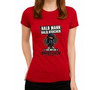 Maglietta da donna con scritta "Halb Mann Halb Bärchen Ich Bin EIN Märchen", con scritta divertente, Colore: rosso, XXL