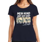 Maglietta da donna con scritta "Mein Hund hört aufs Wort Zu Zuhause", blu