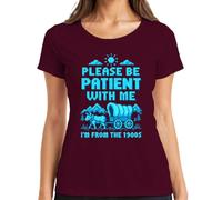 Maglietta da donna con scritta "Please Be Patient with Me I'm from The | Oregon Trail Planwagen a 8 bit, nostalgia, gioco di culto dei giocatori, bue, vintage, geek, nerd, idea regalo
