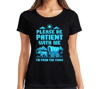Maglietta da donna con scritta "Please Be Patient with Me I'm from The | Oregon Trail Planwagen a 8 bit, nostalgia, gioco di culto dei giocatori, bue, vintage, geek, nerd, idea regalo