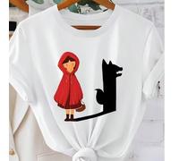 Maglietta da donna con silhouette di Cappuccetto Rosso e lupo - Top a maniche corte con scollo a girocollo e motivo fiabesco (motivo Cappuccetto Rosso), maglietta da donna con scollo a girocollo e man