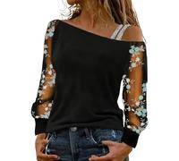 Maglietta da donna con spalle scoperte, collo obliquo, in rete, a maniche lunghe, linea alla moda, a maniche corte, sportiva, opzionale, vestibilità aderente, casual, da donna, top basic, Blu, L