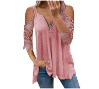 Maglietta da donna con spalle scoperte, con scollo a V e chiusura lampo, a maniche corte, a maniche corte, casual, tinta unita, estiva, con maniche in pizzo
