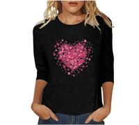 Maglietta da donna con stampa a cuore di San Valentino, casual, scollo rotondo, con sette maniche a rete, guanti a rete neon, Nero , L
