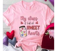 Maglietta da donna con stampa a cuore e slogan, scollo tondo, grafica "La mia classe è piena di dolci cuori" L,M,S,XL,XSFumetto,Cuore,sloganPoliestere