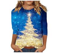 Maglietta da donna con stampa albero di Natale, girocollo, maniche a tre quarti, top casual Farming Simulator 19, Blu, L