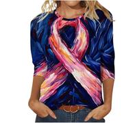 Maglietta da donna con stampa con pittura a olio e maniche a 3/4, pullover con grafica su tutta la superficie, elegante maglietta con nastro rosso tie dye, casual, comoda, maglietta girocollo per