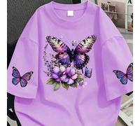 Maglietta da donna con stampa di farfalle e fiori, scollo rotondo, taglie comode per l'estate, maniche corte alla moda. Adatta per vacanze estive, spiaggia, viaggi; regalo per la festa della mamma; re