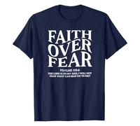 Maglietta da donna con stampa "Faith Over Fear", maglietta da dichiarazione cristiana con versetto biblico, top ispiratore per donne credenti, Stil_h05 Navy Blue, XL