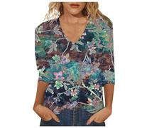 Maglietta da donna con stampa floreale, maniche a tre quarti sottile, scollo a V, temperamento casual con glitter, marrone, 3XL