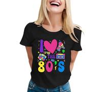 Maglietta da donna con stampa "I Love The 80's", maglietta colorata retrò per feste a tema anni '80, top casual con design nostalgico, Stil_v01 Nero, S
