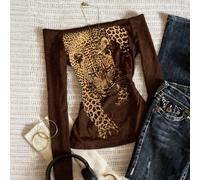 Maglietta da donna con stampa leopardata multicolore, stile minimalista, scollo quadrato e maniche lunghe, regalo per un'amica L,M,S,XL,XSColore unico,Motivo strutturatoTessuto in maglia