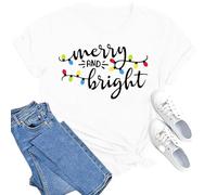 Maglietta da donna con stampa "Merry and Bright" - Maglietta a maniche corte con motivo a catena luminosa colorata | Top natalizio casual per le vacanze, Stil_m01 bianco, M
