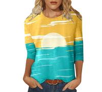 Maglietta da donna con tre maniche a quarti, casual, scollo rotondo, stampa completa, maglietta a maniche lunghe per l'uso quotidiano Top blu, Verde menta, XL