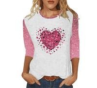 Maglietta da donna con tre maniche a quarti, lettere d'amore di San Valentino, stampata, girocollo metallizzato, top, Colore: rosa., S