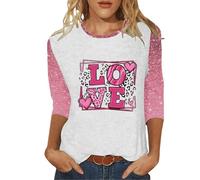Maglietta da donna con tre maniche a quarti, lettere d'amore di San Valentino, stampata, girocollo metallizzato, top, rosa intenso, M