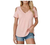 Maglietta da donna corta con scollo a V, spalla scoperta, top estivo, elegante, ampia camicetta, tinta unita, traspirante, rosso, XXL
