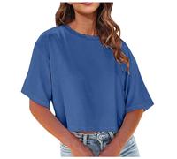Maglietta da donna cropped con scollo rotondo, maniche corte, spalle larghe, top senza pancia, maniche a sbuffo nero, Blu, XXL