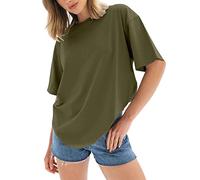 Maglietta da donna dal taglio ampio con scollo rotondo, a maniche corte, per il tempo libero, alla moda, basic, morbido misto cotone, versatile e versatile per tutti i giorni, verde militare, XXL