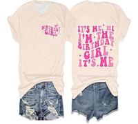 Maglietta da donna di compleanno in stile retrò, divertente top con stampa double face, maglietta "It's Me, Hi I'm The Birthday Girl', Stil_Q01 Beige, M