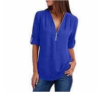 Maglietta da donna di grandi dimensioni, con cerniera, a maniche lunghe, sexy, scollo a V, con maniche lunghe, in tinta unita, camicette casual, traspirante, confortevole, estiva, elegante