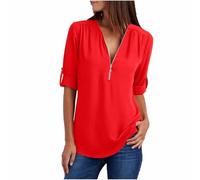 Maglietta da donna di grandi dimensioni, con cerniera, a maniche lunghe, sexy, scollo a V, con maniche lunghe, in tinta unita, camicette casual, traspirante, confortevole, estiva, elegante