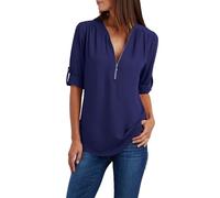 Maglietta da donna di grandi dimensioni, da donna, con cerniera, a maniche lunghe, sexy, scollo a V, con scollo a V, in tinta unita, camicette casual, traspirante, confortevole, estiva, elegante