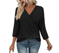 Maglietta da donna, elegante, a tre quarti, con scollo a V, in tinta unita, basic, a maniche lunghe, leggera, traspirante, slim fit, oversized, Nero , L