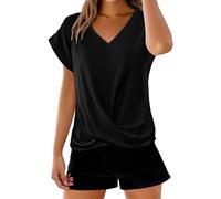 Maglietta da donna elegante con scollo a V - Magliette estive a maniche corte con maniche a volant, basic top morbidi e ariosi, t-shirt tinta unita antipiega, camicetta leggera e traspirante, Nero