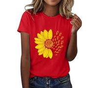 Maglietta da donna elegante e moderna con stampa, maglietta da donna in cotone, a maniche corte, basic estiva con fiori, camicetta estiva, traspirante, leggera, elegante, con scollo rotondo