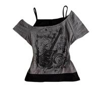 Maglietta da donna Emo Grunge - Vintage Y2K Mock Due Pezzi Chitarra Grafica Bambino T-Shirt Goth Estetica Manica Corta Off Shoulder Crop Top, Retro Street Trend Punk Estate Harajuku Style, grigio, L