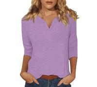 Maglietta da donna estiva a maniche 3/4, maglietta da donna, con scollo a V, a maniche a tre quarti, elegante, casual, tinta unita, camicetta da donna, Lilla, L