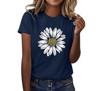 Maglietta da donna estiva con scollo rotondo, a maniche corte, per il tempo libero, stampa floreale, top basic per adolescenti, ragazze, traspirante, comoda, tunica alla moda, Blu marino, M