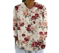 Maglietta da donna estiva con stampa floreale, camicetta in lino, top largo, a maniche lunghe, top estivo, elegante, casual, 2025, leggera e traspirante, scollo a peter, Mattone Rosso, L