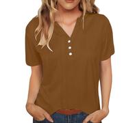 Maglietta da donna estiva fluida a maniche lunghe da donna oversize, maglietta con bottone, scollo a V, camicia tinta unita, casual, traspirante, top anti UV, top in cotone e lino, marrone, XL