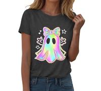 Maglietta da donna girocollo autunnale casual alla moda a maniche corte con stampa fantasma di Halloween grafica morbida festa per vacanze divertenti magliette da donna, Grigio, S