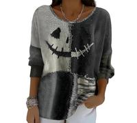 Maglietta da donna Horror Spooky Pumpkin Contrast Voluminous Knitted Print Comfort Top Halloween Shirts for Women, grigio, s