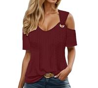 Maglietta da donna in cotone, a righe, con scollo rotondo, basic a maniche corte, elegante, comoda, estiva, per il tempo libero, Vino, 4XL