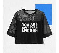 maglietta da donna in cotone al 95% con pannello in rete e slogan dell'artista "TU SEI PIÙ CHE SUFFICIENTE", adatta per estate, vacanze, festival, stile Ibiza, abbigliamento casual e alla moda, collez