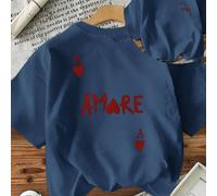 Maglietta da donna in cotone blu con grafica Amore a forma di cuore, maniche corte, collo rotondo, casual oversize, adatta per uso quotidiano, all'aperto, stile Y2K, streetwear L,M,S,XLLettereCotone