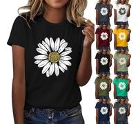 Maglietta da donna in cotone con scollo rotondo, elegante e sportivo, ampia maglietta a girasole, camicia di grandi dimensioni, a maniche corte, in cotone, con stampa di girasole, top di grandi