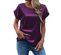 Maglietta da donna in elegante effetto raso, con scollo rotondo, elegante top basic per tutti i giorni e l'ufficio, Stil_g06 viola, XL
