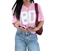Maglietta da donna in jersey Y2k, a maniche corte, scollo a V, oversize, con numeri grafici, maglietta sportiva, casual, estiva, streetwear, F-rosa 80, S