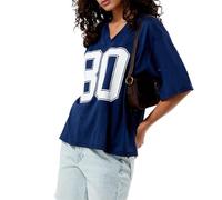 Maglietta da donna in jersey Y2k, a maniche corte, scollo a V, oversize, con numeri grafici, maglietta sportiva, casual, estiva, streetwear, F-blu scuro 80, M